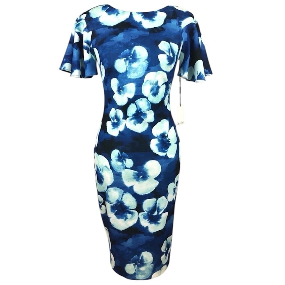 NWT Calvin Klein Tropical Hawaiian Floral Flutter Sleeve Sheath Dress